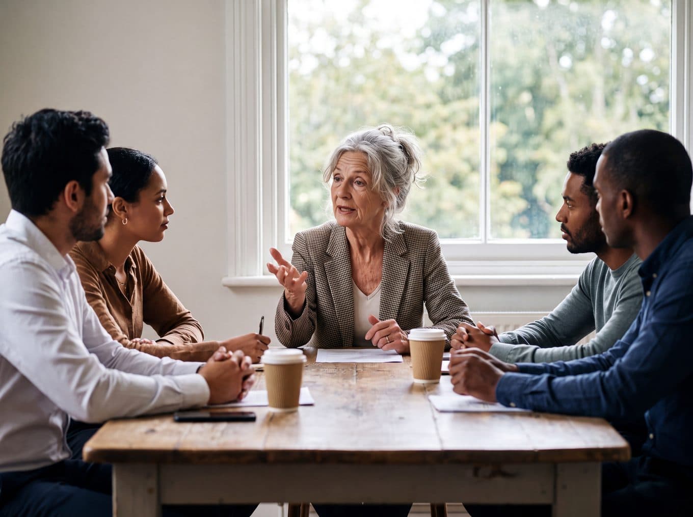 A senior advisor leading a discussion with four colleagues around a wooden table