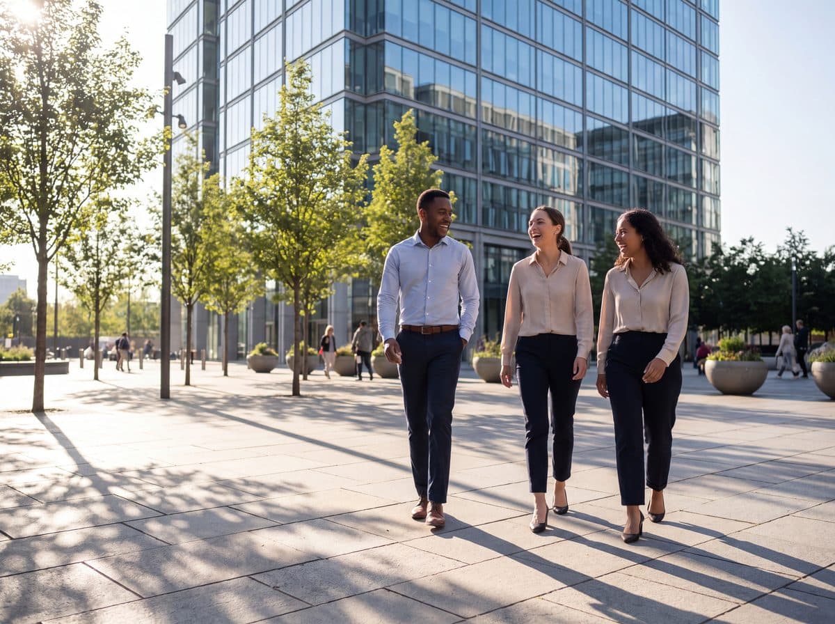 Colleagues crossing a plaza
