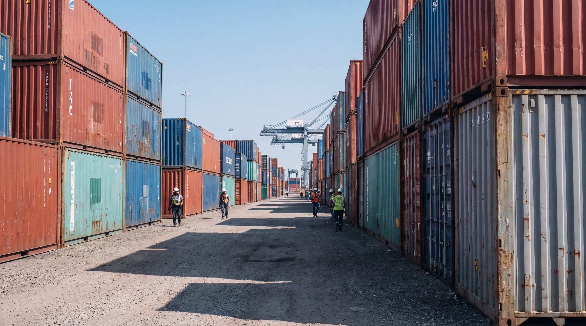 Stacks of shipping containers at a port